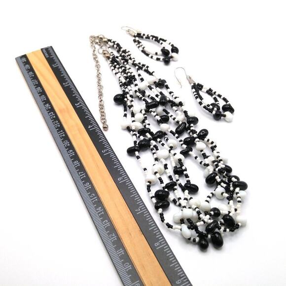 Handmade Black White Glass Beaded Necklace Drop Earrings, 22" & 2 3/4" - Picture 5 of 6